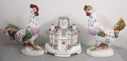 A pair of Samson models of cockerels together with a Staffordshire pastille burner in the form of