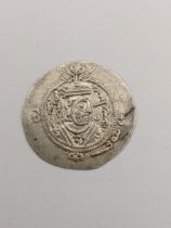 Sasanian Empire (Persian) - Drachm, bust of king, right, wearing mural crown having frontal