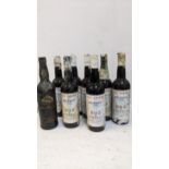Seven bottles of Doz and Company Brillante Fino Sherry A/F and one Dow Port