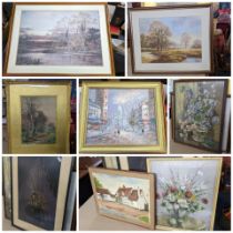 Mixed pictures to include a late 19th/early 20th century watercolour of a country scene with a