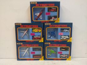 Five Matchbox Skybusters gift sets to include an RAF fighter jet with a Land Rover and a Sheriffs