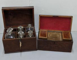 A George III mahogany tea caddy and a 19th century mahogany tantalus, containing bottles Location:
