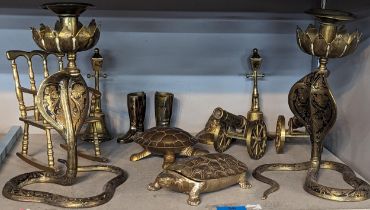 Mixed brassware to include a pair of candlesticks in the form of snakes, turtle boxes A/F, rocking