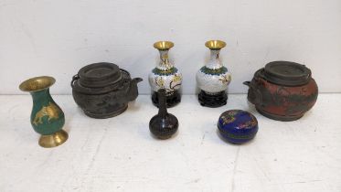 Oriental collectables to include two Yixing tea pots, a pair of late 20th century Cloisonne vase and