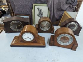 A group of five mixed mantle clocks to include Perivale, a Herm Scholz B&W Napoleon hat style