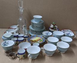 A mixed lot to include a pair of Staffordshire dalmatian dogs, Noritake, decanter, coins and other