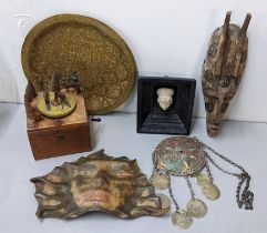 A mixed lot to include Ottoman silver coins hanging from a necklace, musical box, leather mask and