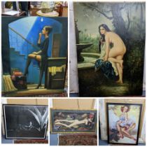 Mixed picture of ladies to include an oil on canvas depicting a nude classical lady signed A.