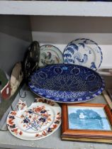 A mixed lot to include a large Indian blue and white charger, Deborah Sears 11815 cockerel studio