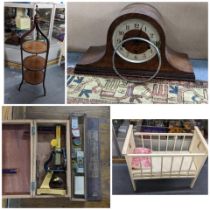A mixed lot to include late Victorian cake stand, an oak mantel clock, dolls bed and a boxed