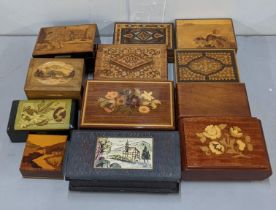 A group of marquetry and parquetry jewellery and musical boxes, one to include mother of peal