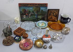 A mixed lot to include a Danish jug, silver plated cutlery, painted wall hanging panel and other