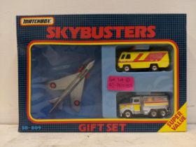 Four matchbox Skybusters gift sets to include a US Navy plane with a gas tanker and a jeep, a Fire