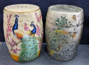 Two Oriental style pottery painted garden seats fashioned as barrels to include one decorated with a