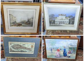 Four pictures to include an oil canvas depicting a scene of figures playing croquet Location:BWR