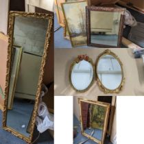 Mixed mirrors to include a vintage Barbola style mirror together with a watercolour depicting a