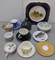 A mixed lot to include a Royal Copenhagen fish, Belleek cup and saucer, Studio pottery lidded bowl