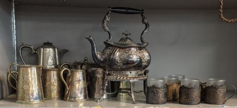 Mixed silver plated items to include a spirit kettle, Six Middle Eastern silver plated glass holders
