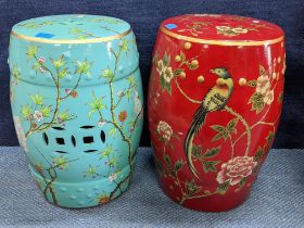 Two Oriental style pottery painted garden seats fashioned as barrels, decorated with birds on