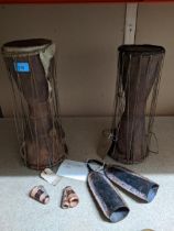 African tribal art musical drums and instrument, comprising two Cameroon hour glass, wood and string