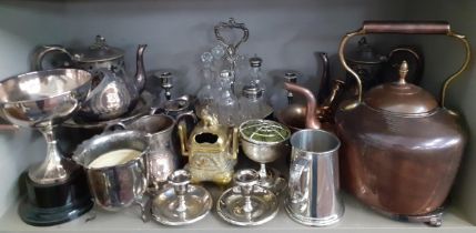 A quantity of silver plate and metalware to include a 1950's trophy, teapot, a copper teapot and