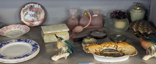 Mixed ceramics and glassware to include pink glass dressing table items, onyx box, lighter and