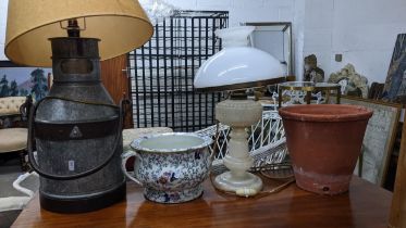 A mixed lot to include a galvanized milk can converted to a table lamp Location:G