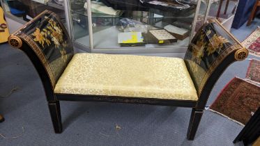 A late 20th century black lacquered window seat with floral and gilt ornament on square, tapered