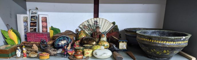 A mixed lot of wooden and other items to include Russian dolls, paper mache boxes and East