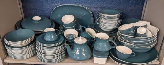 A vintage Poole blue glazed dinner and tea service with a tailors flat iron Location: 7.3