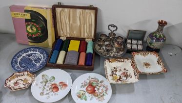 A mixed lot to include a a silver plated egg coddler set, Masons, cloisonne vase and other items,