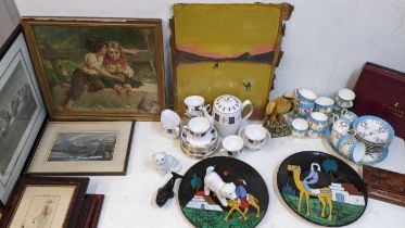 Mixed items to include a Victorian part tea set A/F, a walnut desk tidy, prints, a Spode Persia