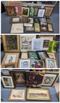 Mixed pictures to include a watercolour depicting a lady with a stick, various prints,