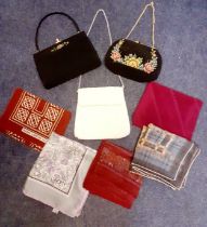 A small quantity of vintage evening bags and scarves to include a white bead example, a small