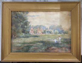 Arthur Kemp Tebby - watercolour depicting children picking flowers, 33cm x 23cm, framed Location: