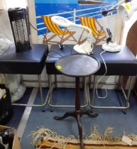 Three modern stools and mixed lamps, together with an early 20th century wine tale and a table top