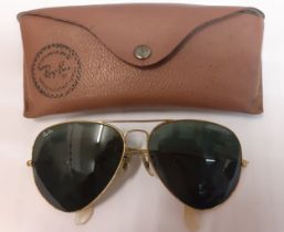 Rayban- A pair of vintage gold tone classic 'Aviator' sunglasses with green lenses and branded case.