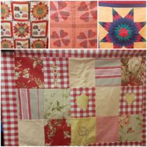 A quantity of late 20th Century hand sewn patchwork quilted and patchwork effect items to include