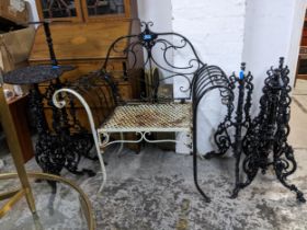 A garden white and black painted metal garden bench, along with a garden black painted and metal two