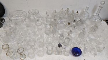 Mixed early 20th century and later glassware to include a ring collared decanter, scent bottles