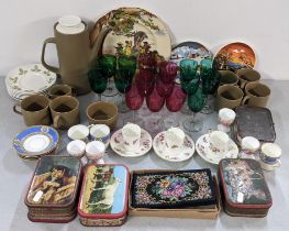 A mixed lot to include Roger Worcester coffee cans with saucers, vintage tins, Poole plates, and