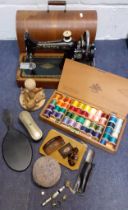 Vintage sewing related items to include a silver box, 15" circumference, fashioned as a pin