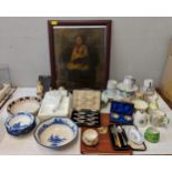 A mixed lot of china and ceramics to include a picture of a young girl, a Holy Bible, Barker Bros,