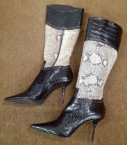 A Le Silva pair of brown two-tone snakeskin boots, European size 40, having a 4" high stiletto heel,