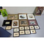 Mixed pictures and books to include ten Needlework miniatures, and other framed prints, along with