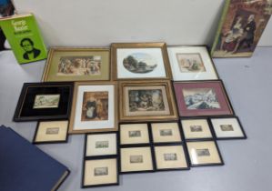 Mixed pictures and books to include ten Needlework miniatures, and other framed prints, along with