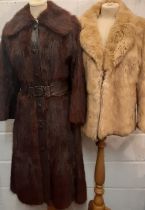 A 1960's/70's French brown mink coat, 36" chest x 42" long having a leather waistband and belt