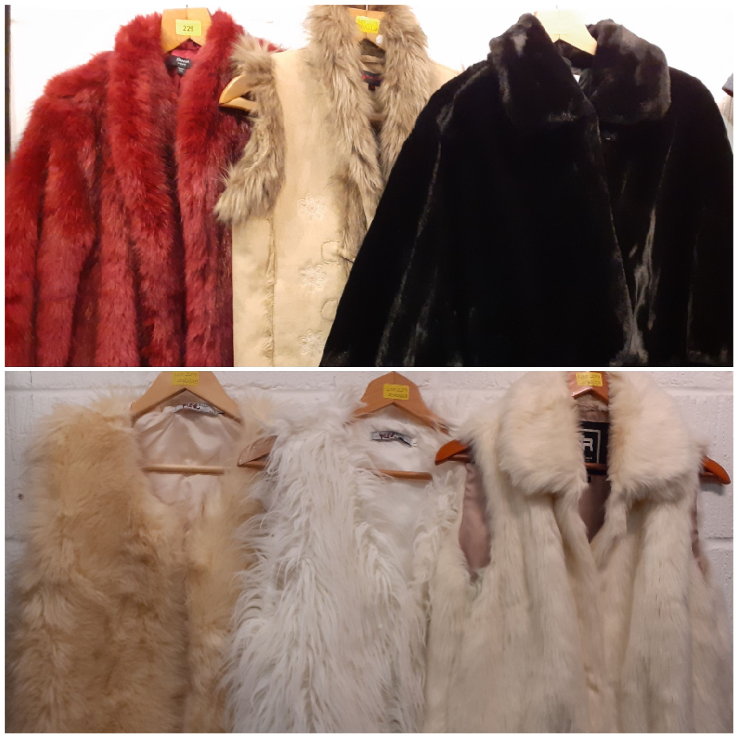 A quantity of 6 modern faux fur outer-garments to include a JD Williams 'Joanna Hope' red dyed