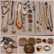 A quantity of costume jewellery and vintage watches and pocket watches to include an amber effect