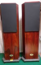 A pair of MJ Audio speakers having a rosewood veneer case on a marble effect base above 3 metal